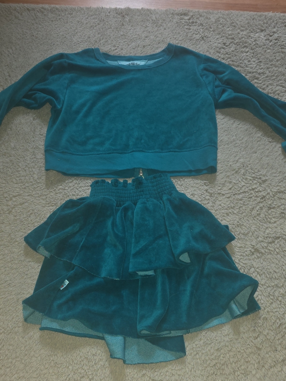 Girls Teal Velvet Two-Piece Skirt Set - Unbranded